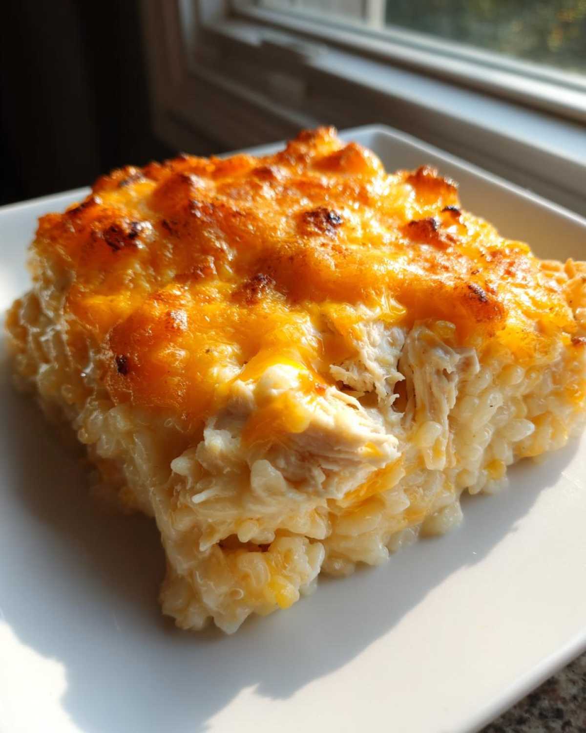 A square serving of cheesy chicken and rice casserole with a golden brown, melted cheese topping.