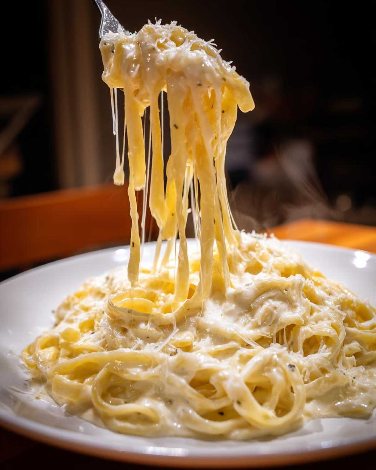 Close-up of fettuccine pasta being lifted by a fork, showing long, gooey cheese pulls coated in creamy olive garden alfredo sauce.
