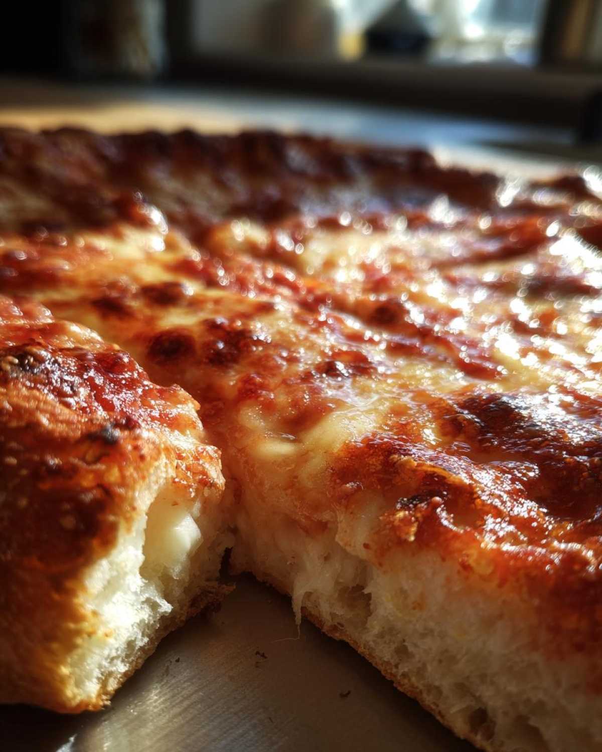 Close-up of a slice being pulled from a baked pizza, showing the airy interior of the sourdough discard pizza dough crust and melted cheese.