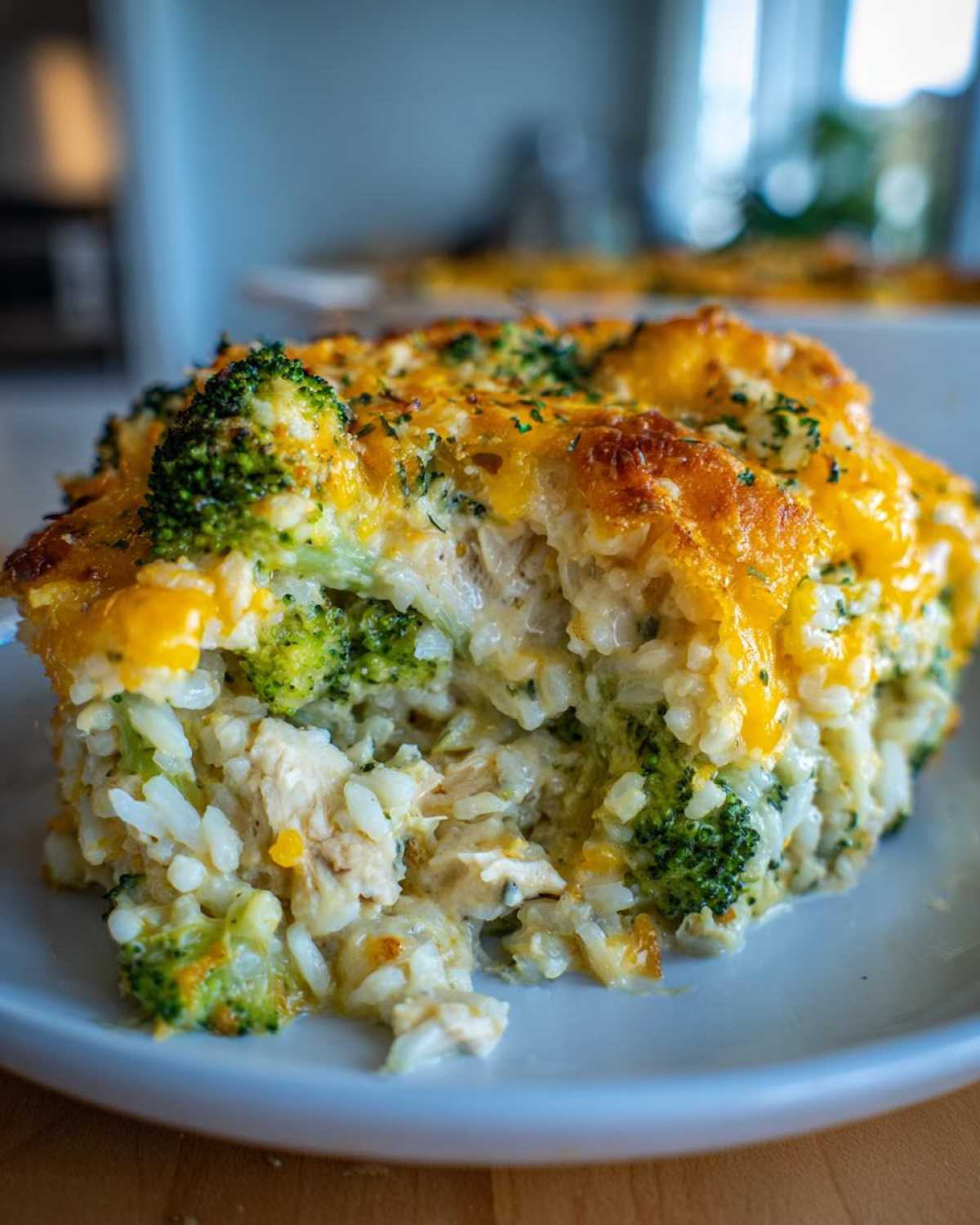Close-up of a serving of creamy chicken broccoli rice casserole topped with melted cheddar cheese.