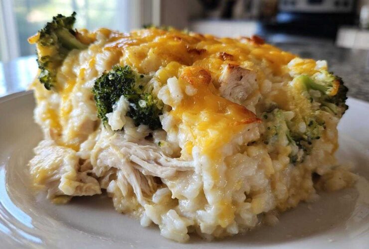 A close-up of a creamy slice of chicken broccoli rice casserole topped with melted cheddar cheese.