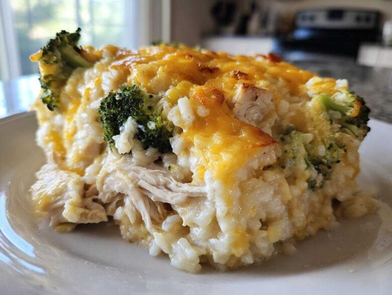 A close-up of a creamy slice of chicken broccoli rice casserole topped with melted cheddar cheese.