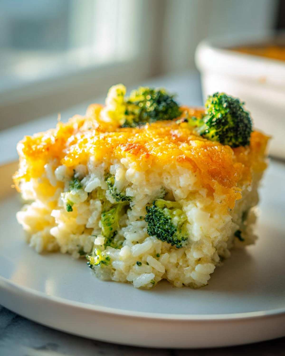 A close-up slice of creamy chicken broccoli rice casserole topped with melted cheddar cheese and broccoli florets.