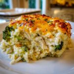 A close-up of a serving of creamy chicken broccoli rice casserole topped with melted, browned cheese and parsley.
