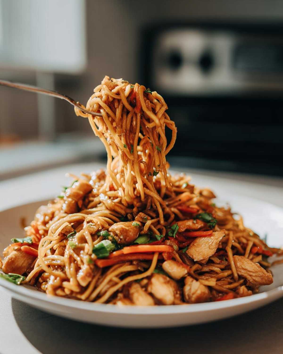 Close-up of a fork lifting noodles from a plate of amazing chicken chow mein recipe with chicken pieces and carrots.