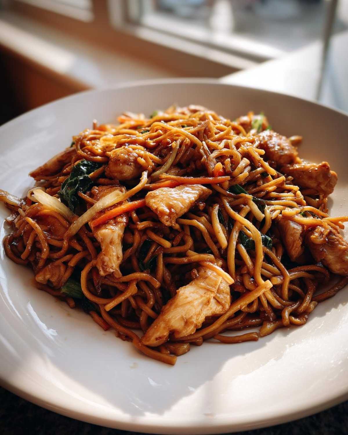 Close-up of a plate piled high with glossy chicken chow mein recipe noodles, chicken pieces, and vegetables.