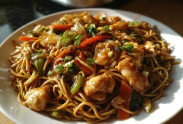 A close-up of a plate piled high with savory chicken chow mein recipe, featuring noodles, chicken chunks, carrots, and green onions.