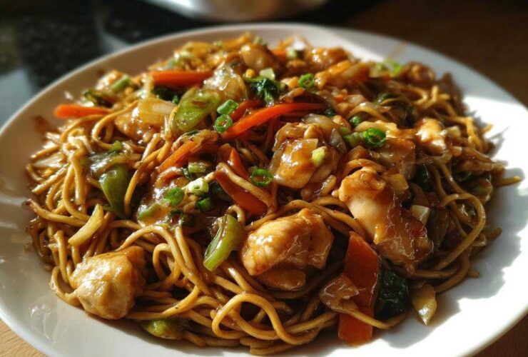 A close-up of a plate piled high with savory chicken chow mein recipe, featuring noodles, chicken chunks, carrots, and green onions.
