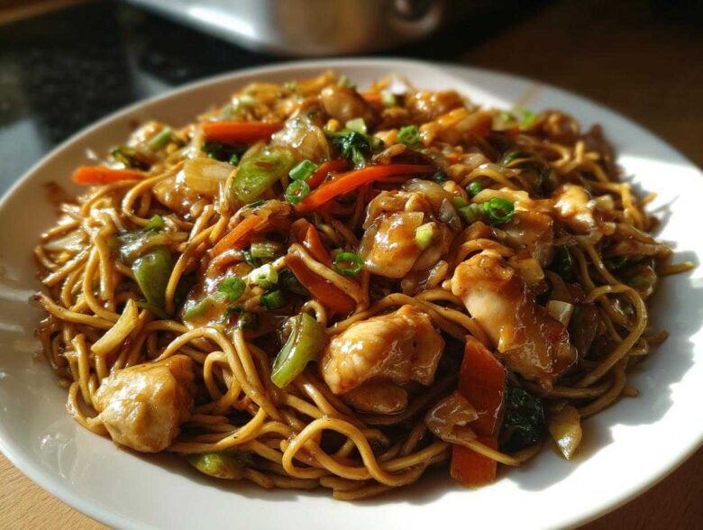 A close-up of a plate piled high with savory chicken chow mein recipe, featuring noodles, chicken chunks, carrots, and green onions.
