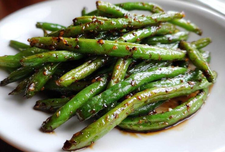 Close-up of vibrant green beans coated in a savory garlic sauce, ready to serve.