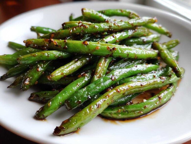 Close-up of vibrant green beans coated in a savory garlic sauce, ready to serve.