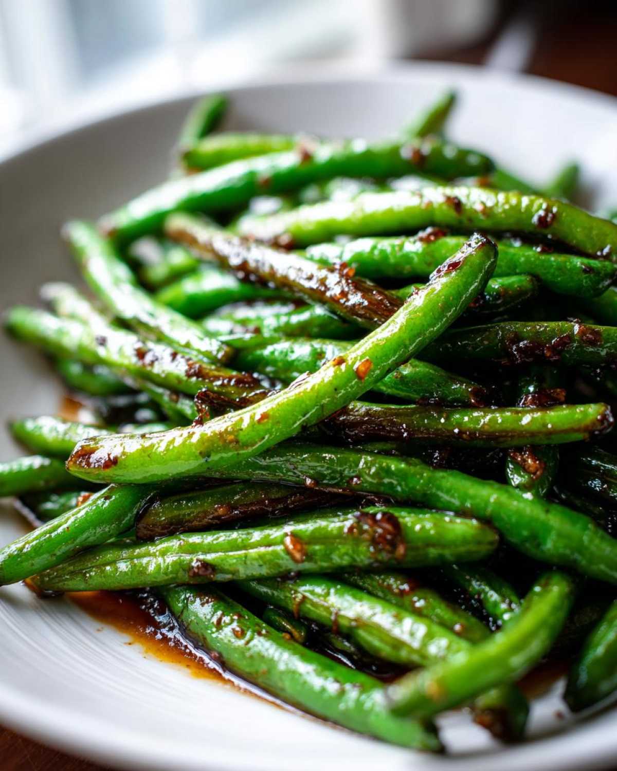 Close-up of vibrant green beans coated in a savory, dark garlic sauce, ready to serve.
