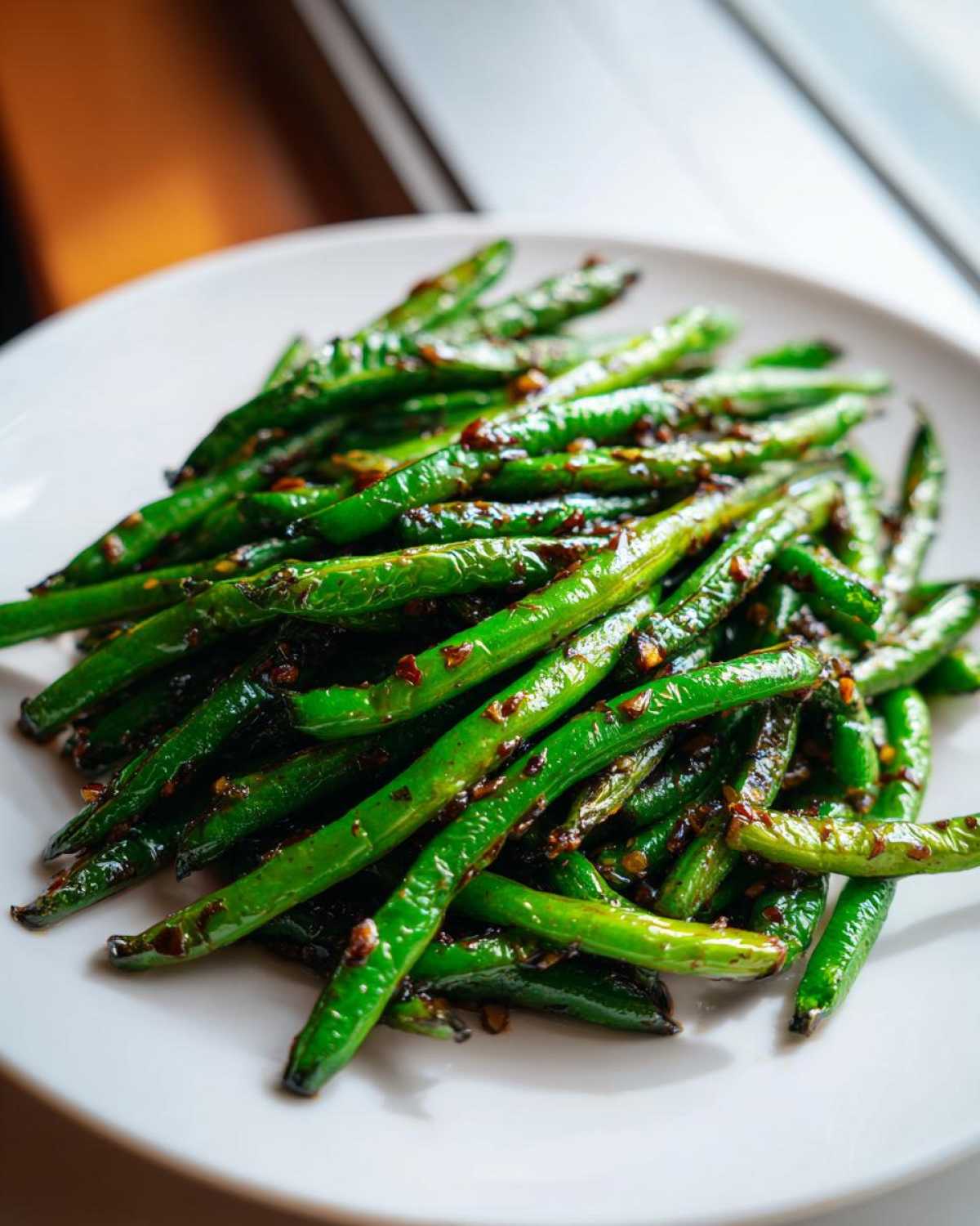 A pile of vibrant, glossy chinese green beans with garlic sauce and chili flakes served on a white plate.