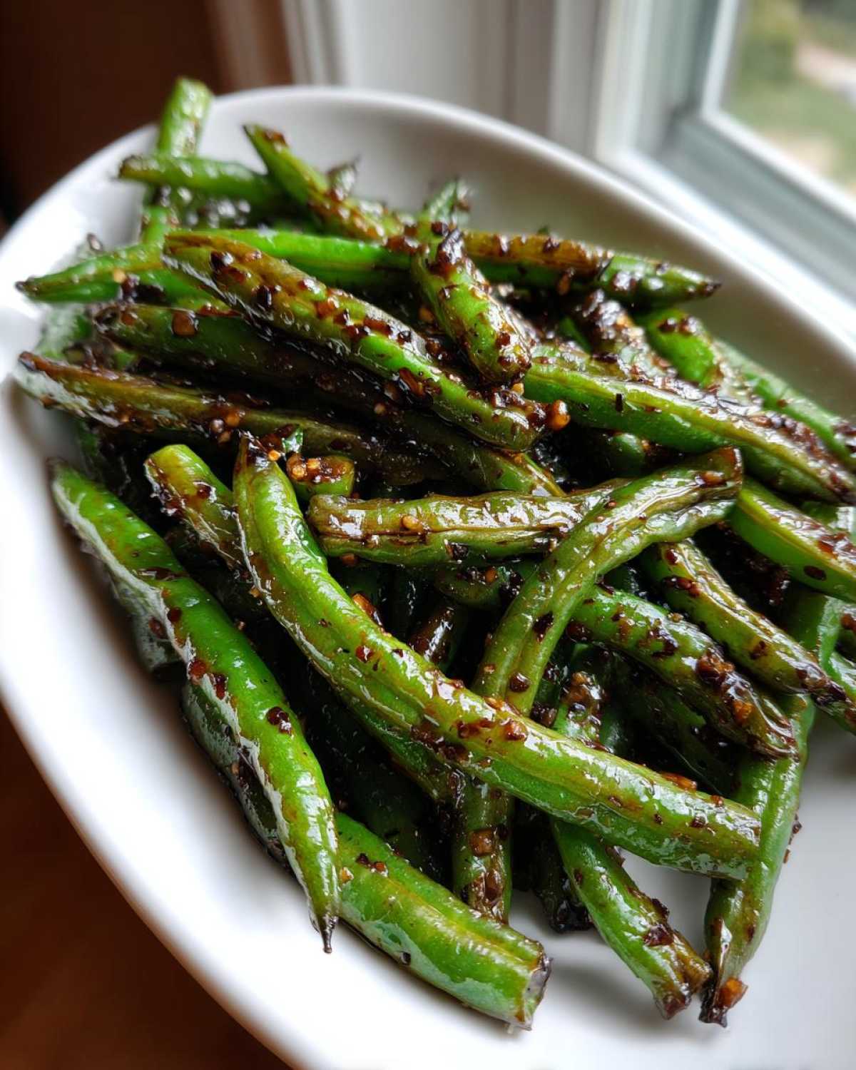 A close-up of vibrant green beans coated in a savory, dark garlic sauce, ready to serve.