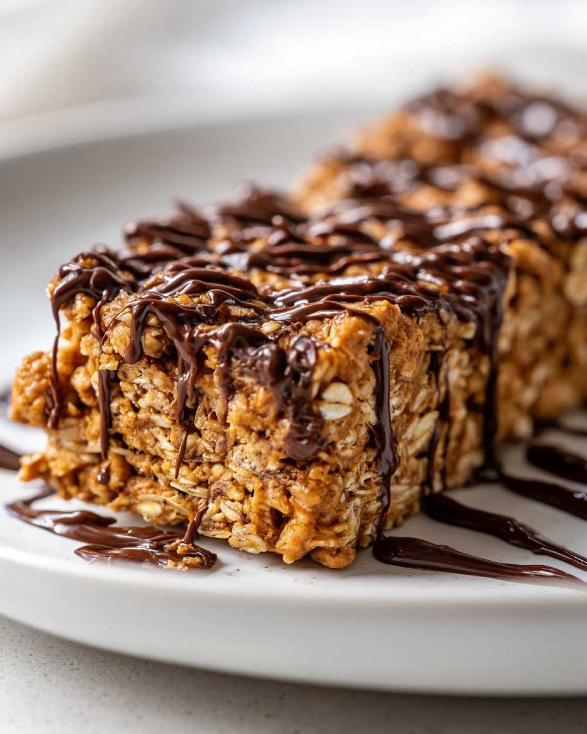 Close-up of homemade protein bars made with oats, drizzled generously with melted dark chocolate.