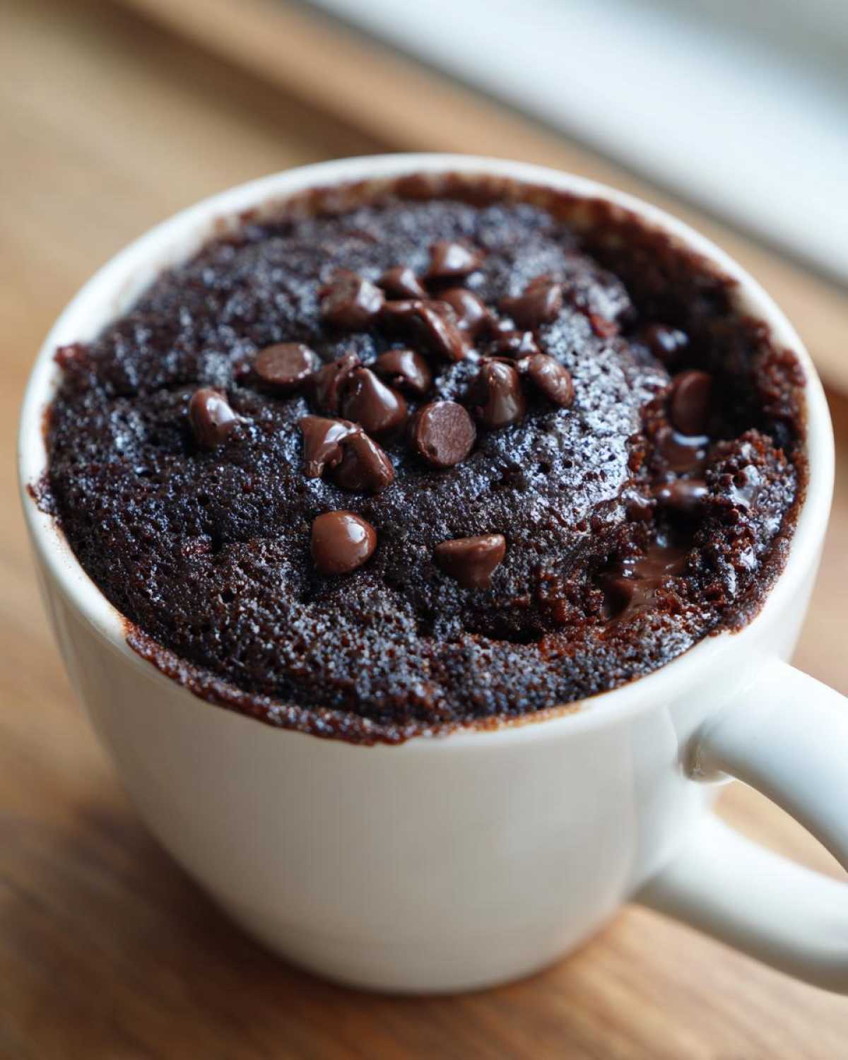 Close-up of a rich, dark chocolate mug cake topped with melted chocolate chips, ready to eat.