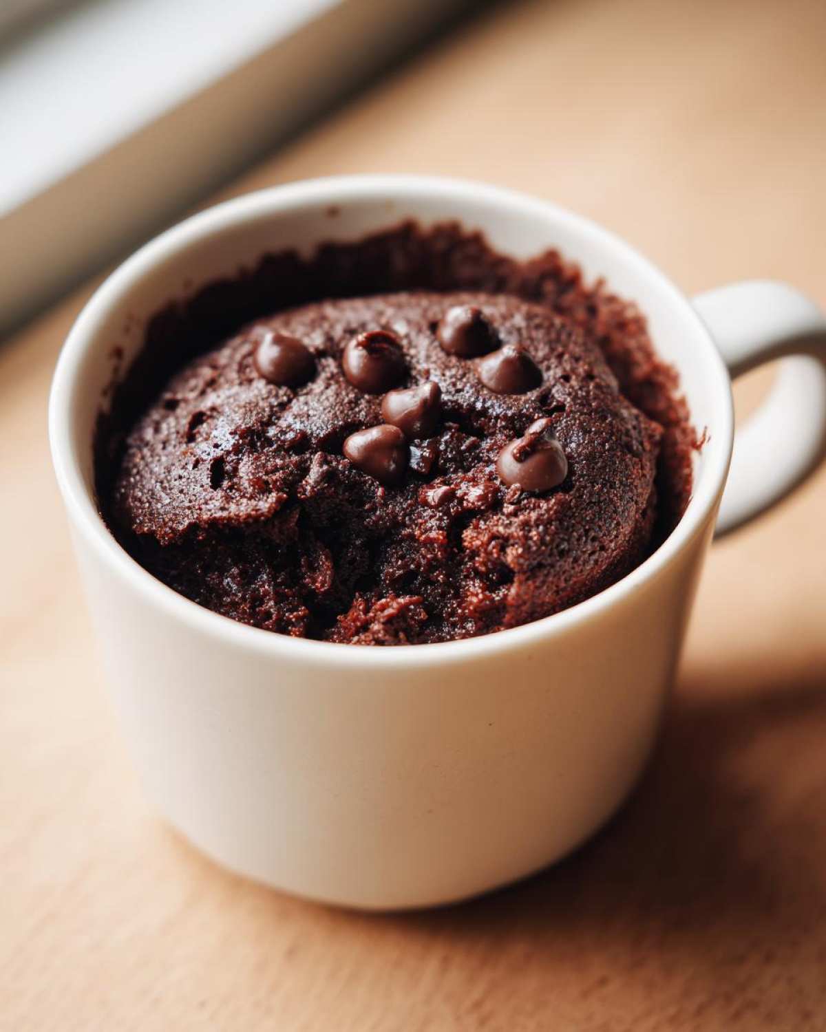Close-up of a rich, dark chocolate mug cake topped with melted chocolate chips, ready to eat.