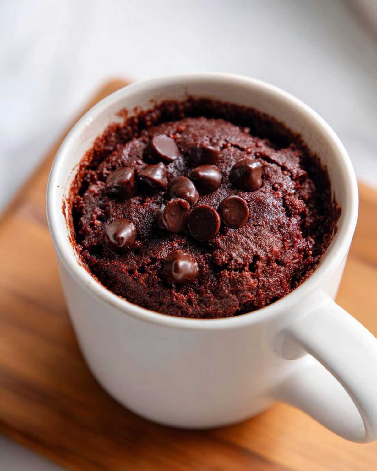 Close-up of a rich, dark chocolate mug cake topped with melted chocolate chips.