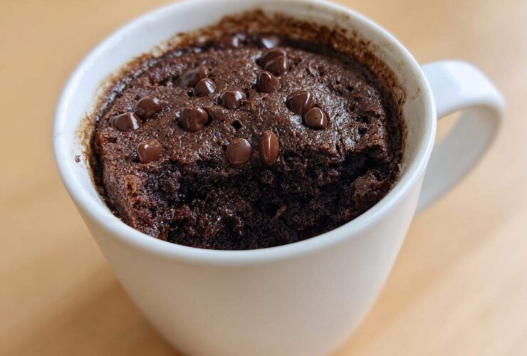 Close-up of a freshly baked chocolate mug cake topped with melted chocolate chips.