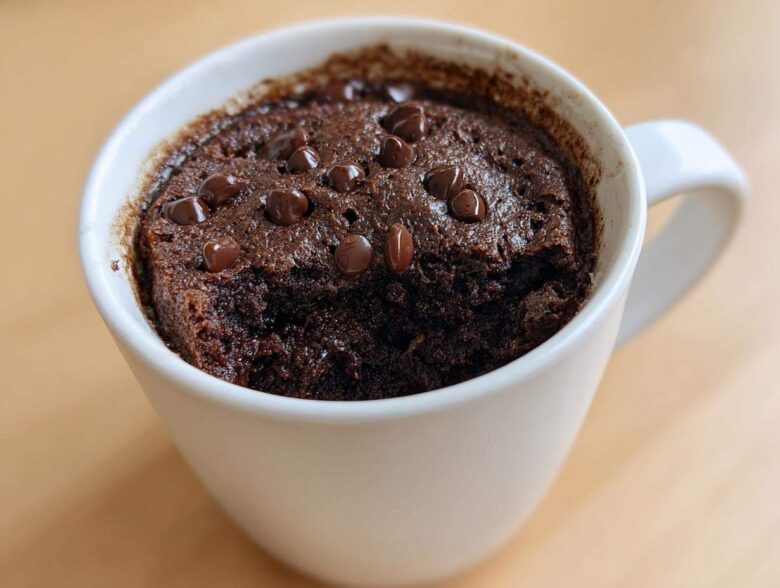 Close-up of a freshly baked chocolate mug cake topped with melted chocolate chips.
