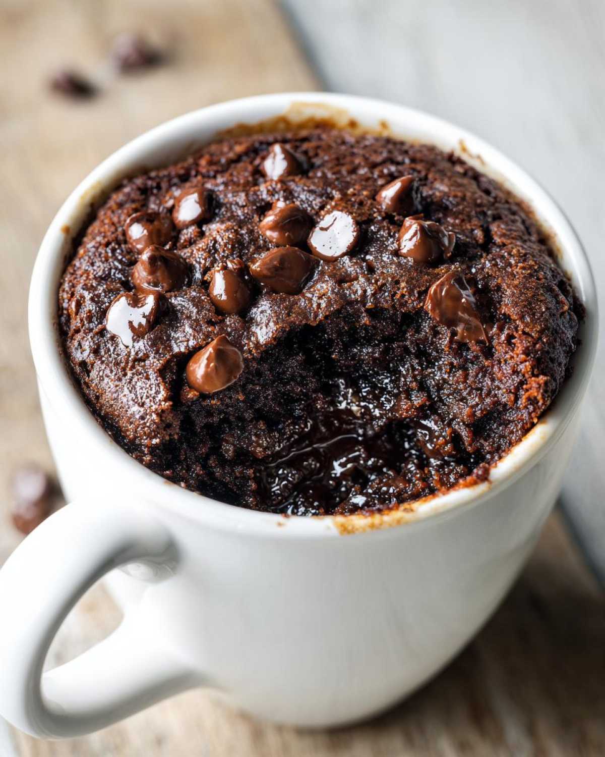 Close-up of a rich chocolate mug cake topped with melted chocolate chips, ready to eat.