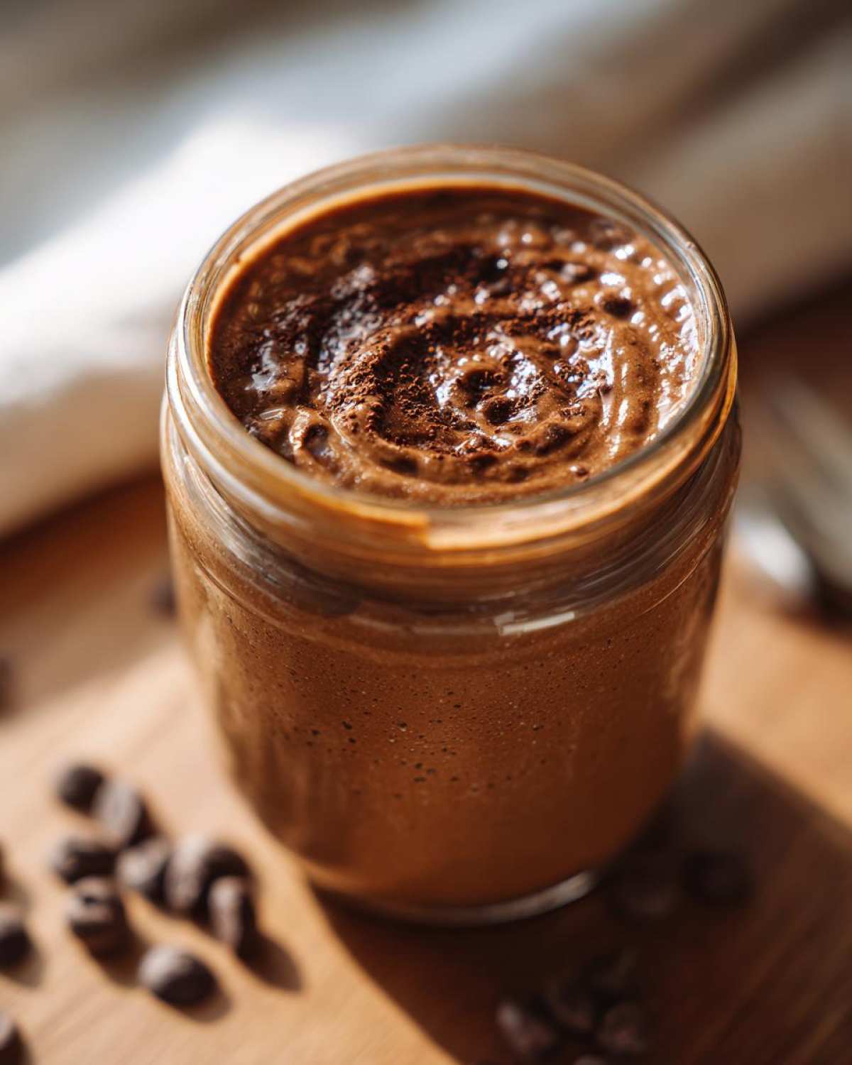 Overhead close-up of rich chocolate overnight oats topped with cocoa powder swirls in a glass jar.