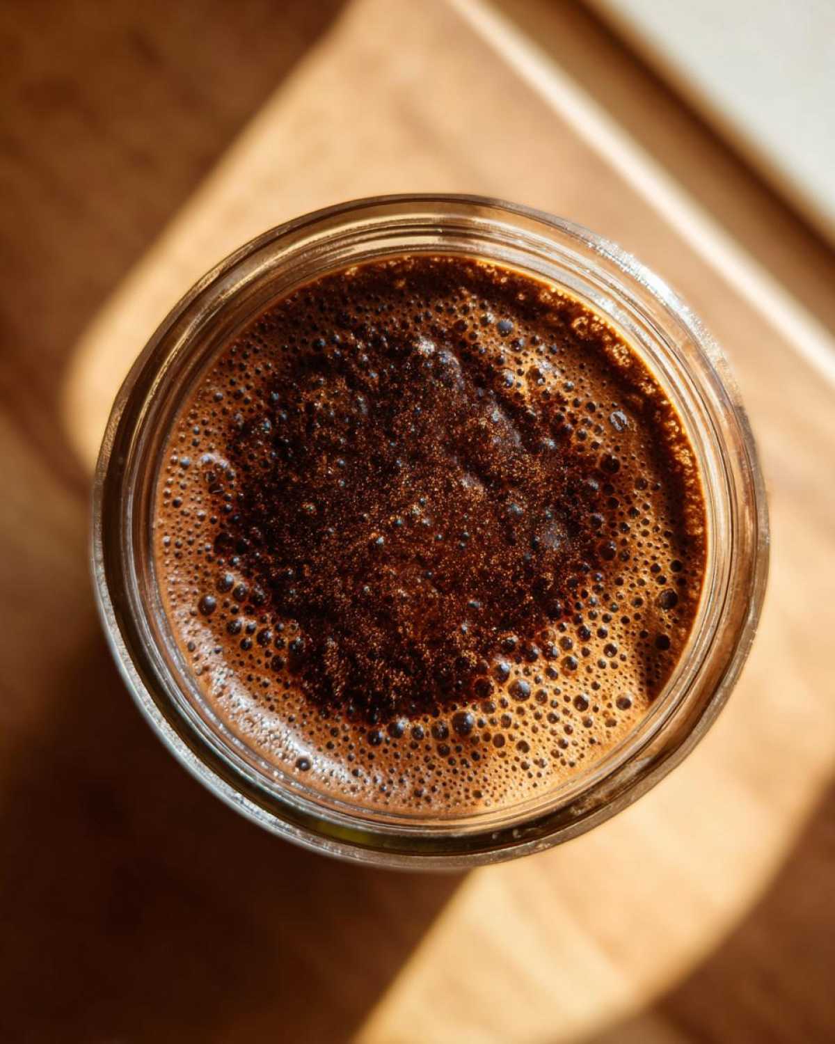 Overhead view of the rich, bubbly, dark brown top layer of chocolate overnight oats in a glass jar.