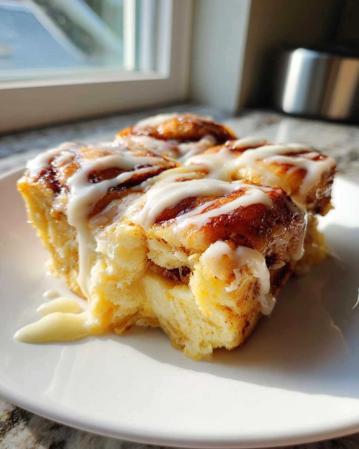 A close-up of a portion of gooey cinnamon roll casserole topped generously with white icing.
