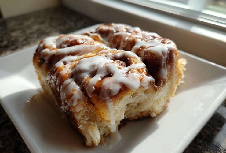 A close-up of a serving of gooey Cinnamon roll casserole topped with thick white icing.