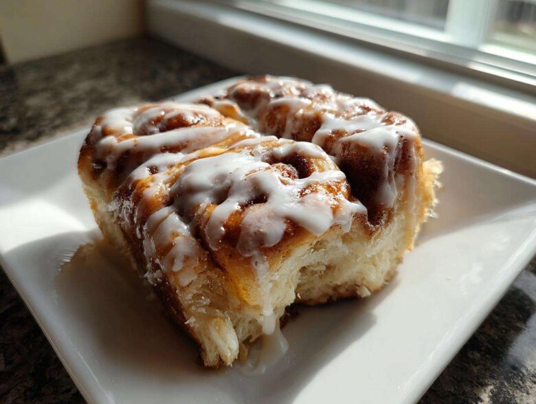 A close-up of a serving of gooey Cinnamon roll casserole topped with thick white icing.