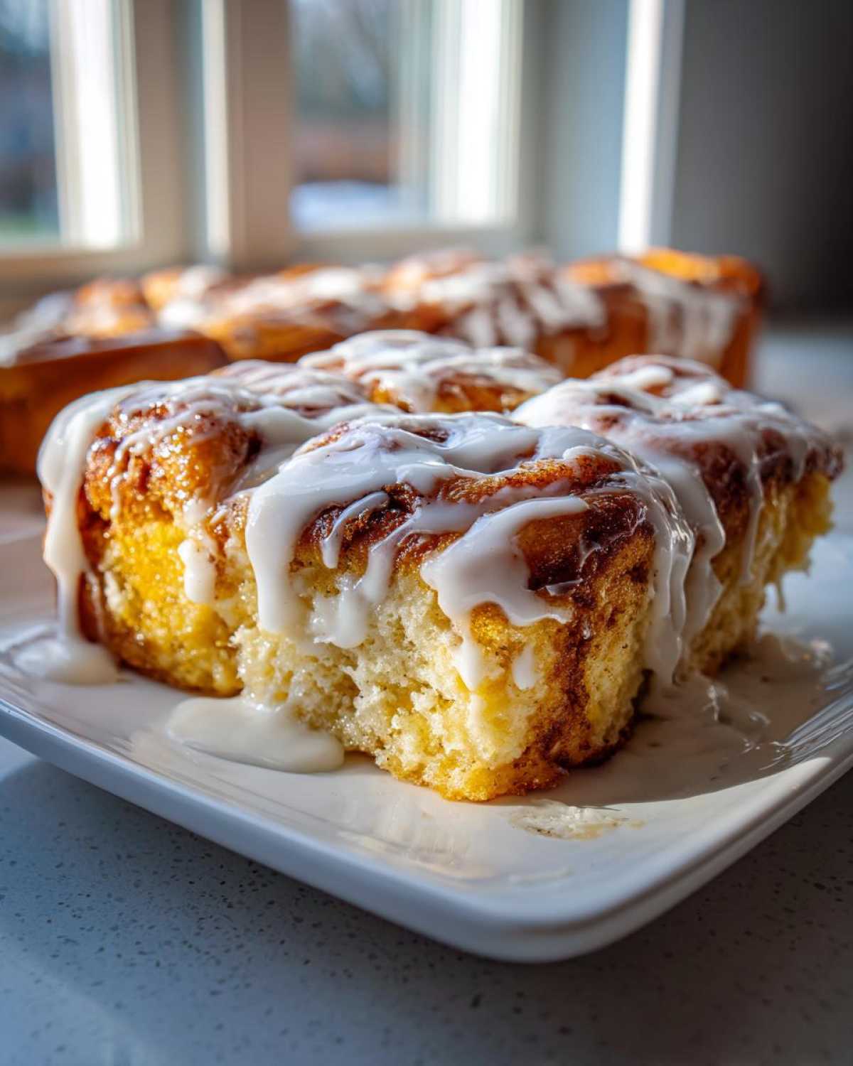 A close-up of a soft, gooey slice of cinnamon roll casserole topped with thick white icing.