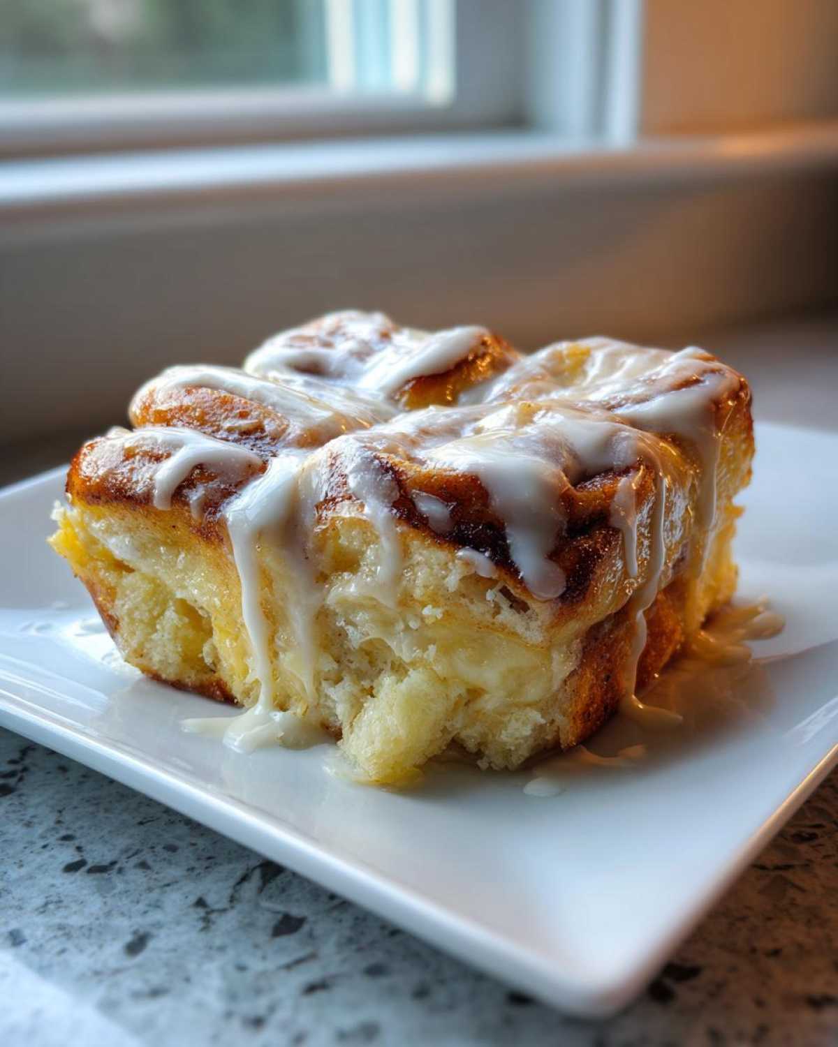 A square portion of gooey, baked Cinnamon roll casserole topped with thick white icing, served on a white plate.