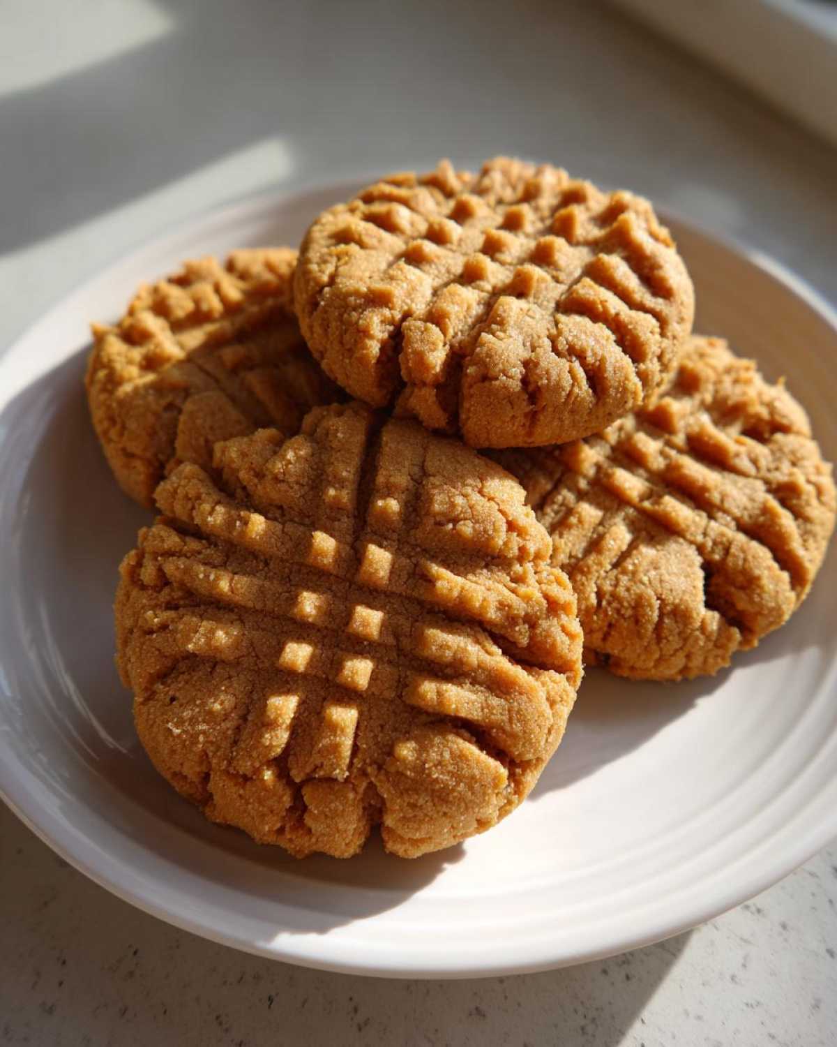 Four golden brown peanut butter cookies with classic criss-cross fork marks stacked on a white plate.