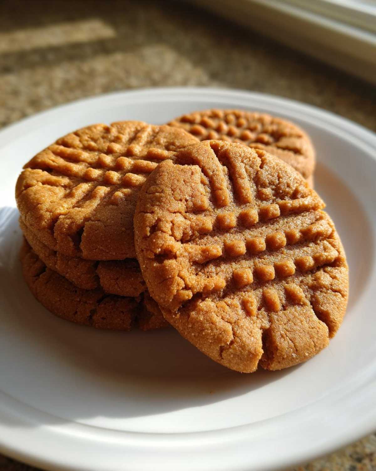 A stack of golden brown peanut butter cookies featuring the classic crisscross fork pattern, resting on a white plate.