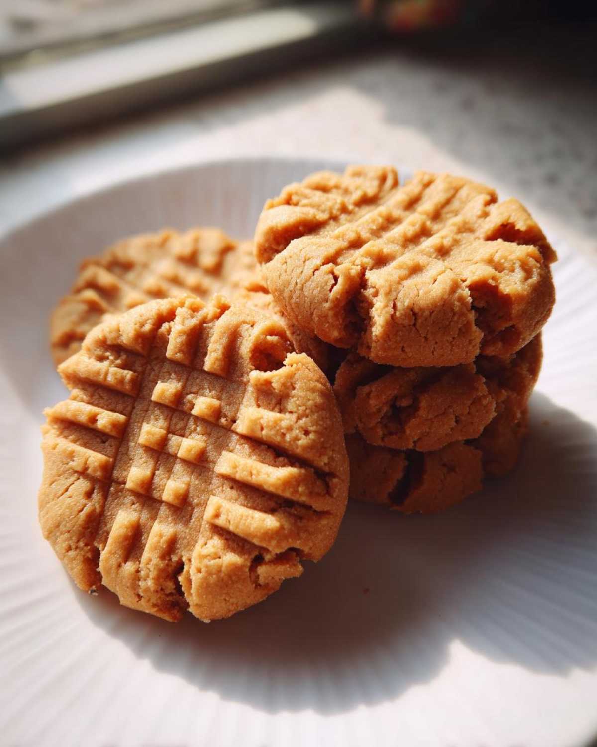 A stack of golden brown peanut butter cookies showing the classic criss-cross fork marks on a white plate.