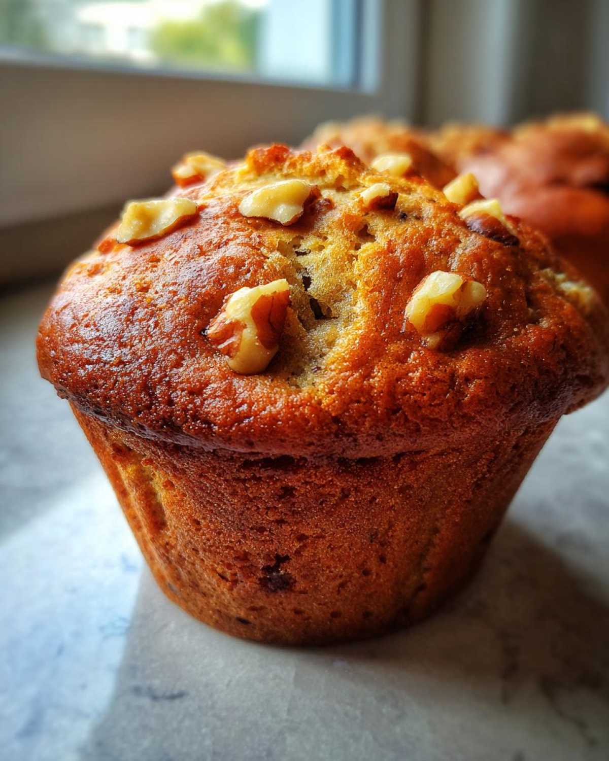 A close-up, golden-brown banana nut muffin topped with chopped walnuts, sitting near a window.