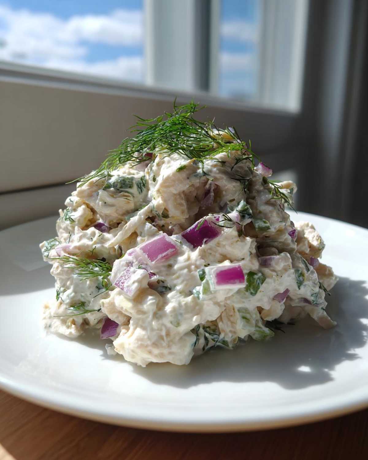 A mound of creamy cottage cheese chicken salad mixed with red onion and topped with fresh dill, served on a white plate.