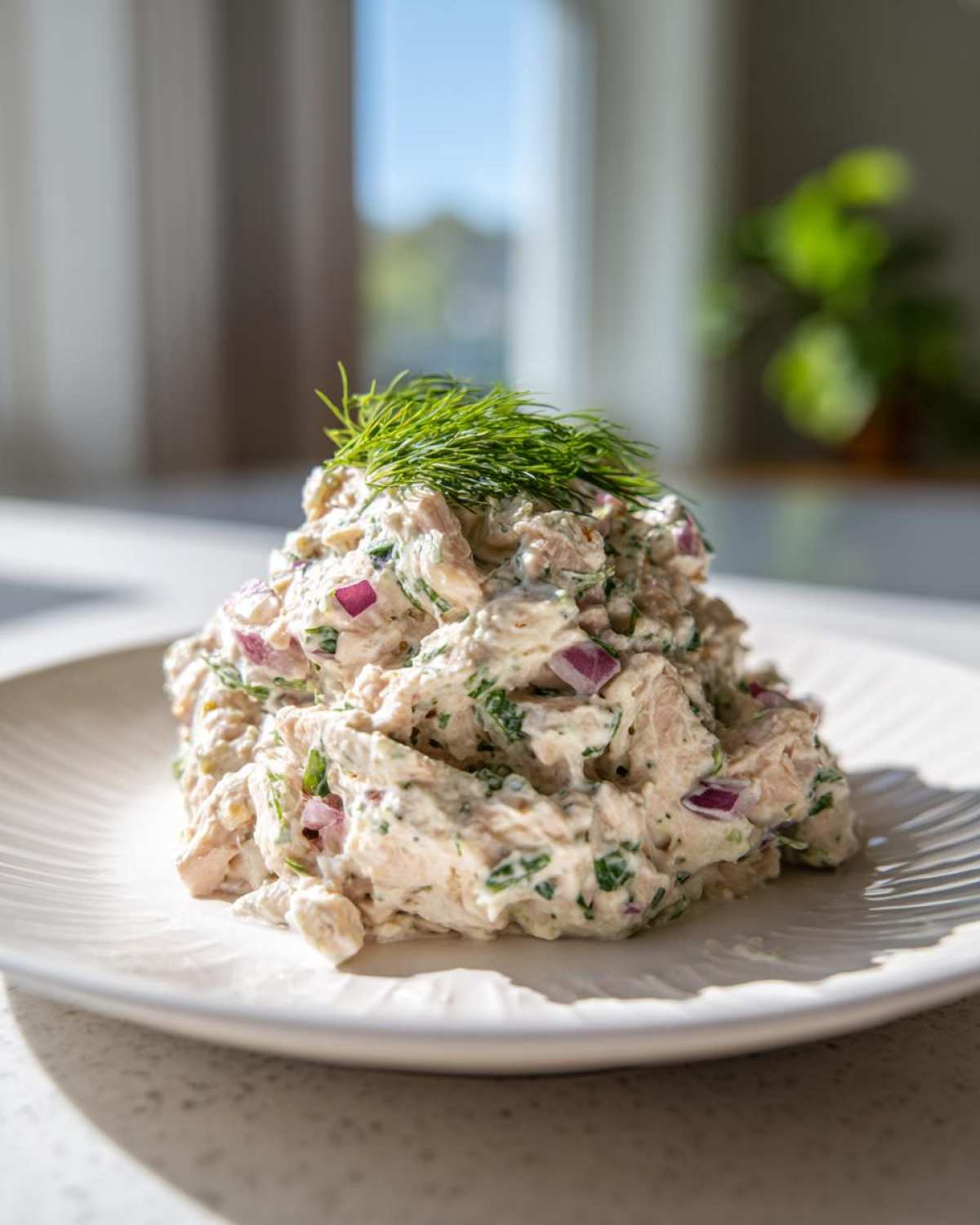 A mound of creamy cottage cheese chicken salad mixed with red onion and herbs, topped with fresh dill.