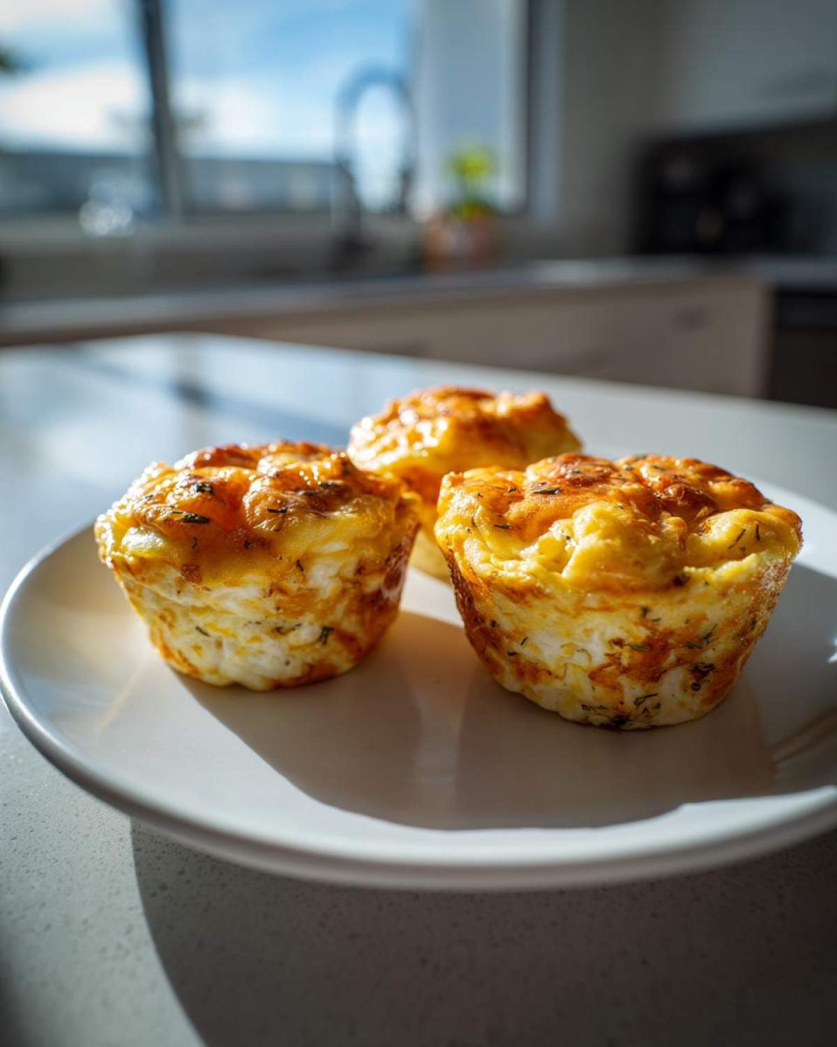 Three golden brown cottage cheese egg cups starbucks style served on a white plate in bright sunlight.
