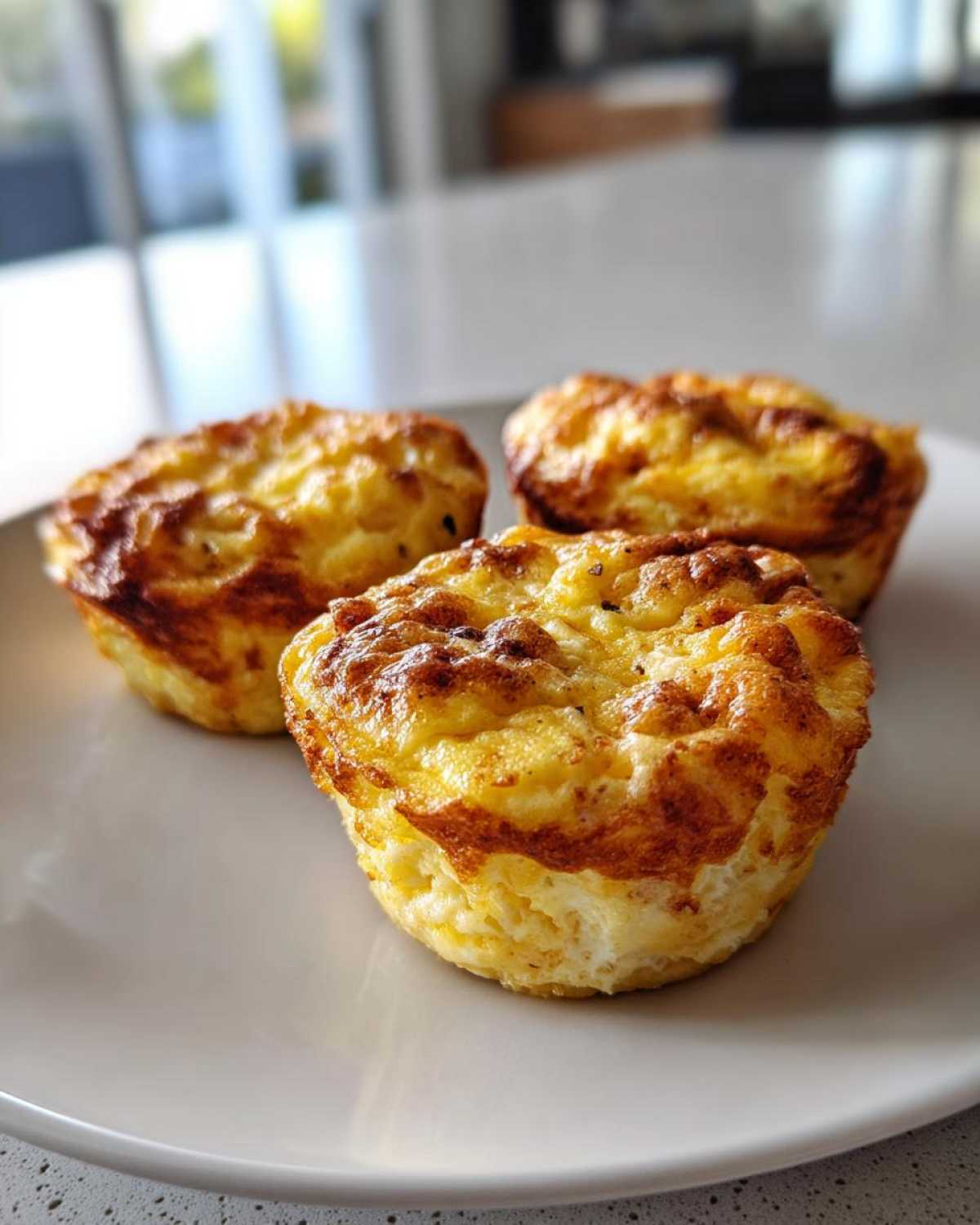 Three golden-brown cottage cheese egg cups starbucks style served on a light gray plate.