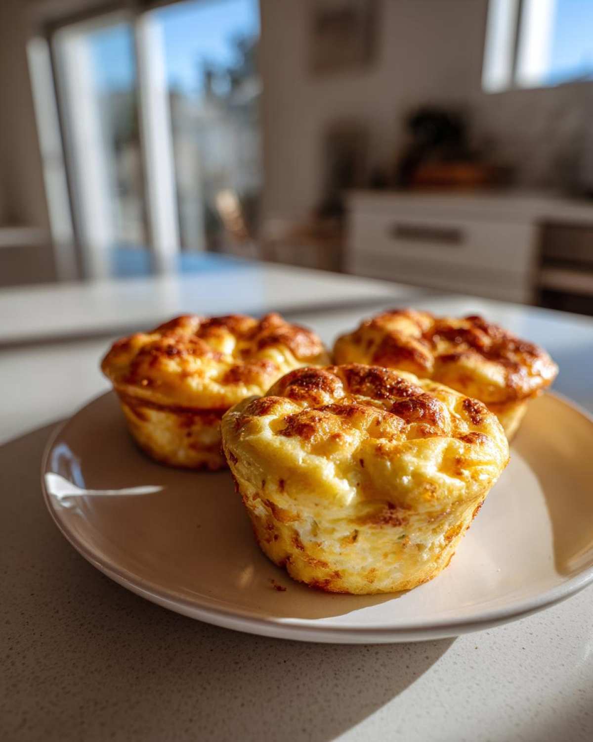 Three golden-brown cottage cheese egg cups served on a small plate in bright sunlight.