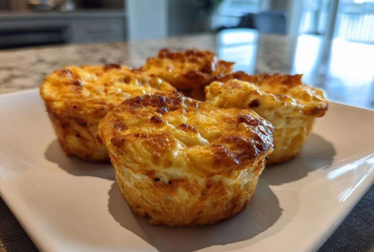 Four golden-brown cottage cheese egg cups starbucks style served on a rectangular white plate.