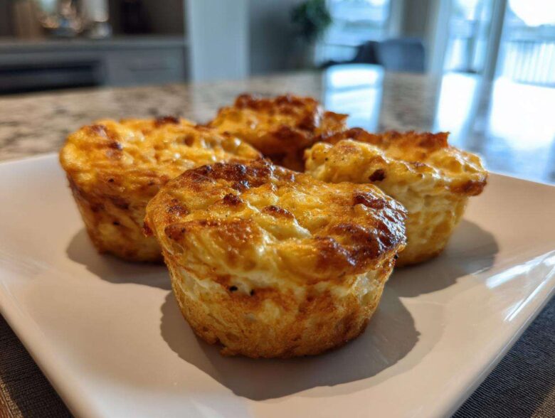 Four golden-brown cottage cheese egg cups starbucks style served on a rectangular white plate.