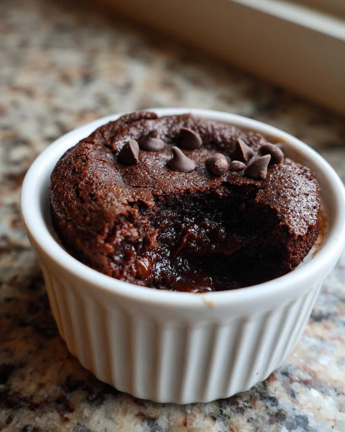 Close-up of a warm Cottage Cheese Microwave Brownie with a bite taken out, revealing a molten center, topped with chocolate chips.