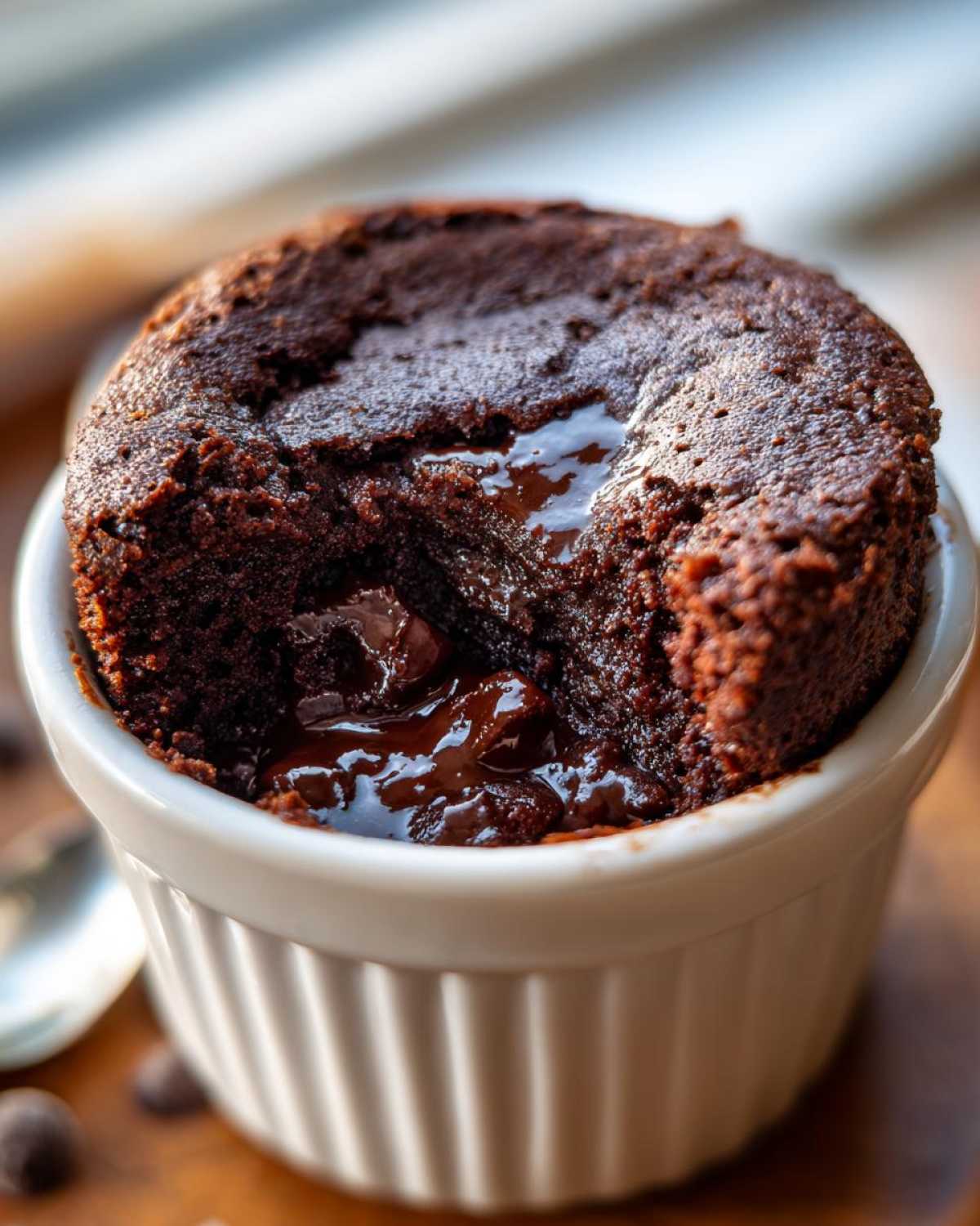 Close-up of a rich, dark chocolate Cottage Cheese Microwave Brownie with a molten center in a white ramekin.