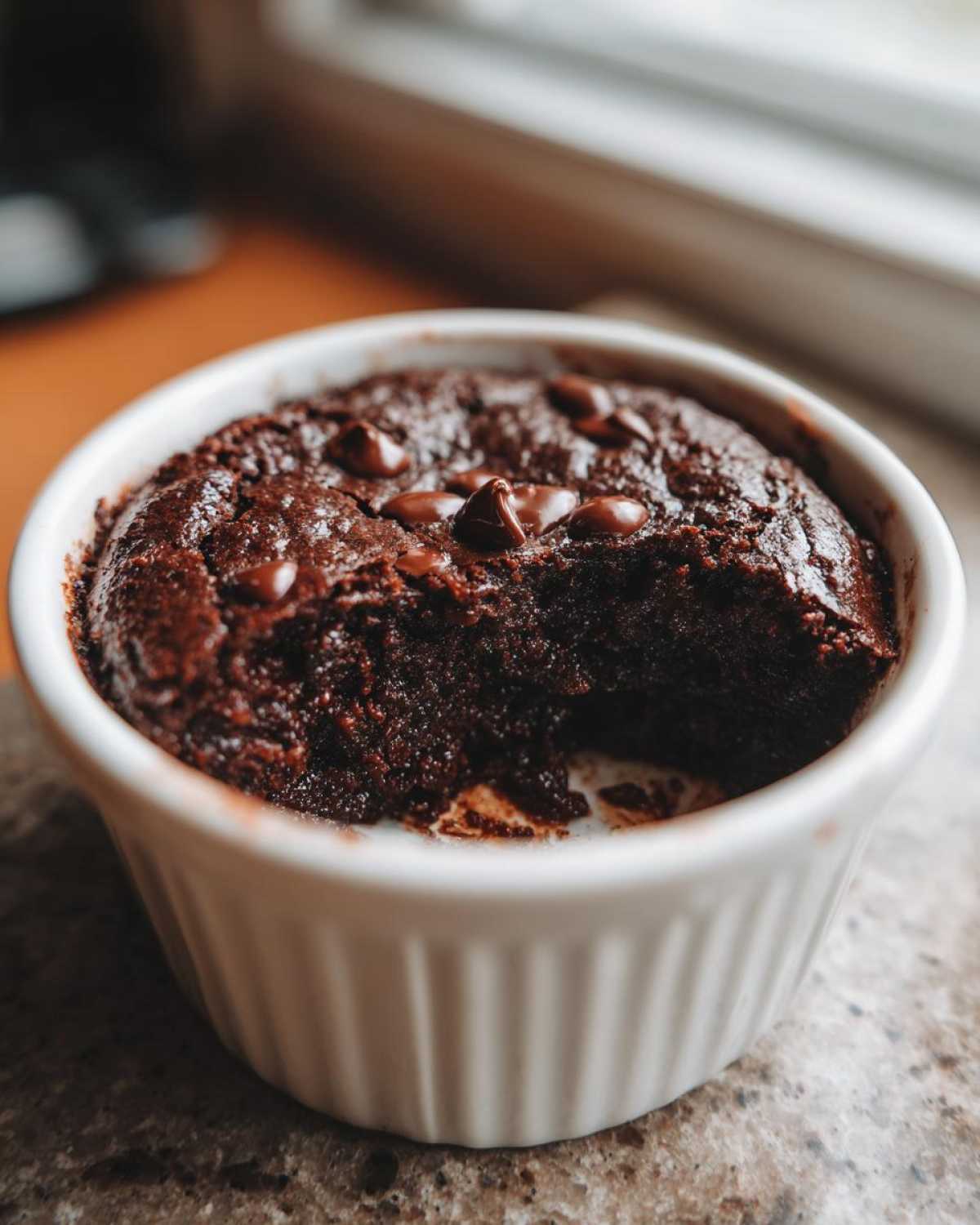A rich, dark chocolate Cottage Cheese Microwave Brownie topped with chocolate chips in a white ramekin.