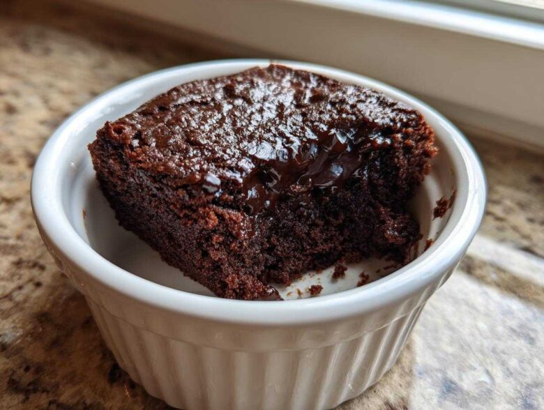 A rich, dark chocolate Cottage Cheese Microwave Brownie served warm in a white fluted ramekin.