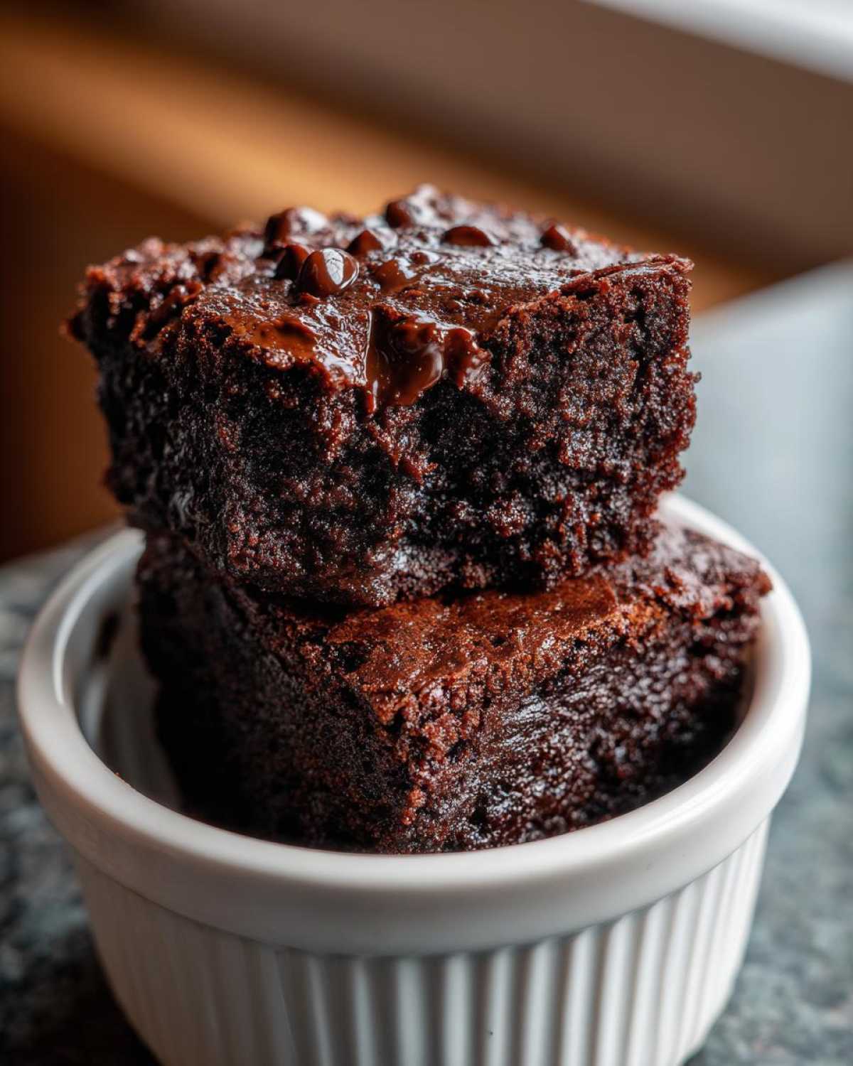 Two stacked squares of rich, fudgy Cottage Cheese Microwave Brownie topped with melted chocolate chips.