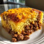 A generous slice of cowboy cornbread casserole featuring a thick layer of seasoned ground beef filling topped with melted cheddar cheese.
