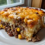 A thick slice of cowboy cornbread casserole featuring a layer of seasoned ground beef, corn, and beans, topped with melted, browned cheddar cheese.